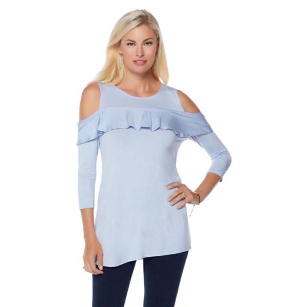 NWT Lysse Cornflower Ruffle Cold Shoulder Top Blouse XS